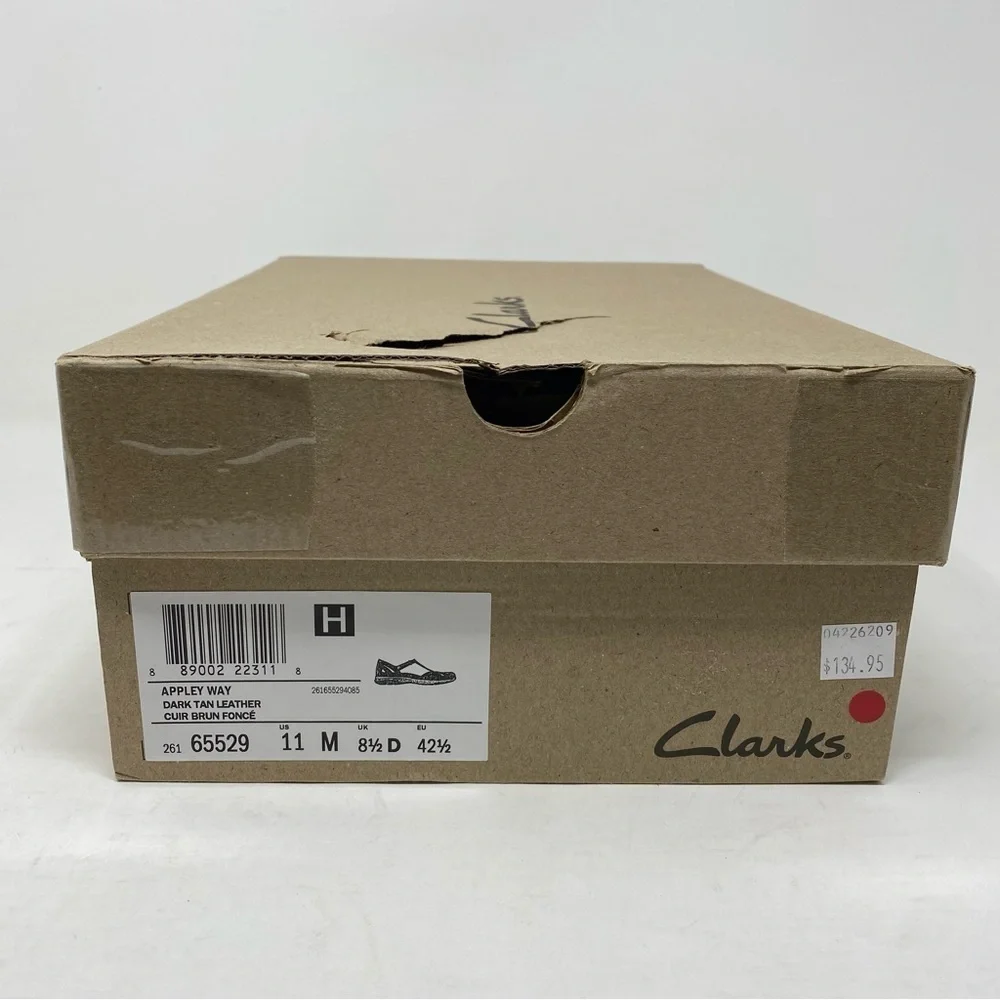 Clarks Appley Way Dark Tan T-Strap 26165529 Leather Sandals WIDE